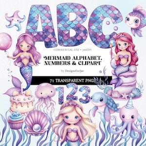 Clipart alphabet sirène PNG sous la mer lettres de l'alphabet sirène queue de poisson fille anniversaire Clipart sirène chiffres Invitations PNG