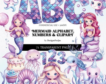 Mermaid Alphabet Clipart: Unter dem Meer Buchstaben & Zahlen (PNG Digital Download)