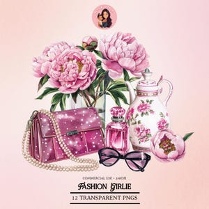 Fashion Girl Clipart PNG, Clipart mode, Clipart sac à main, sac de créateur PNG, Illustration de mode, Clipart Glam Planner, Clipart parfum