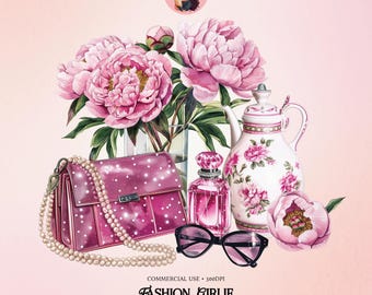 Fashion Clipart PNG: Watercolor Glam Girl, Purse, Perfume (Digital Download)