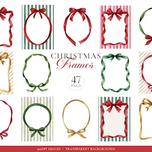 May include: A collection of digital Christmas frames featuring various ribbon shapes in red, green, and gold. The image displays multiple oval and rectangular borders with bows, some set against striped backgrounds, with the text CHRISTMAS Frames 47 PNGS.