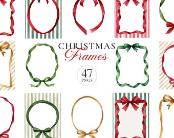 Aquarel kerstlintframes en gestreepte achtergronden clipart | Feestelijke vakantieranden, rood, groen en goud PNG's, scrapbook- en kaartontwerpen