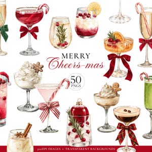 Op de afbeelding: Een verzameling aquarelillustraties met diverse feestelijke cocktails en desserts in glaswerk, sommige versierd met rode fluwelen of geruite strikken, zuurstokken, rozemarijn en veenbessen, met de tekst Merry Cheers-mas.
