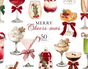 Images clipart de cocktails de Noël : Pack PNG de boissons festives | Cocktails festifs, boissons de Noël, ensemble d'images clipart aquarelle (50 PNG)
