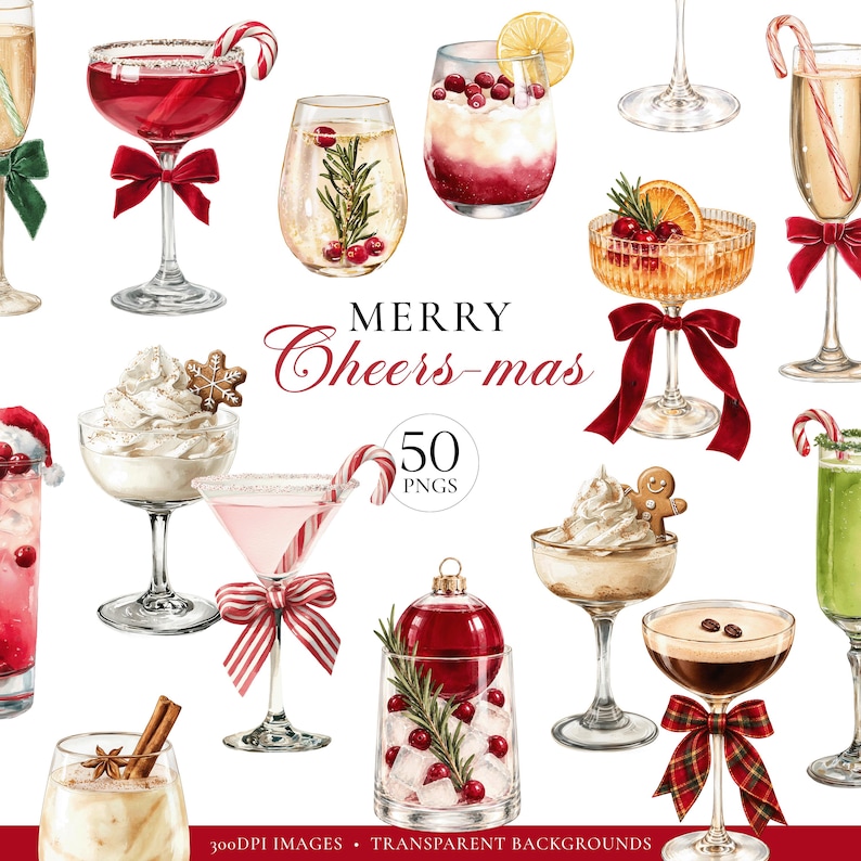Op de afbeelding: Een verzameling aquarelillustraties met diverse feestelijke cocktails en desserts in glaswerk, sommige versierd met rode fluwelen of geruite strikken, zuurstokken, rozemarijn en veenbessen, met de tekst Merry Cheers-mas.