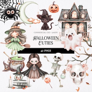 Cute Halloween Clipart Spooky PNG Cute Ghost PNG Kids Clipart Jack O Lantern, Skull, Witch, Spiders, Bats, Cats, Haunted House Halloween PNG