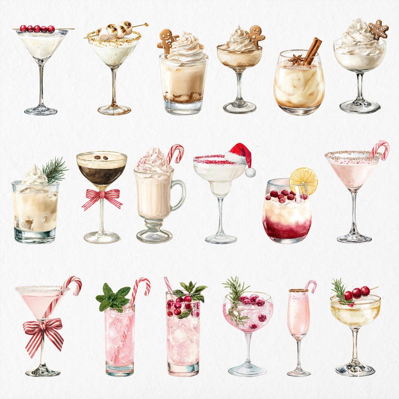 Op de afbeelding: Een verzameling van zeventien aquarelillustraties van feestelijke cocktails en drankjes. De dranken worden geserveerd in verschillende glazen, waaronder martiniglazen, coupes en tumblers, gegarneerd met veenbessen, zuurstokken en verse kruiden.