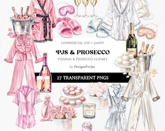 Pajamas and Prosecco Clipart: Bridal Shower PNG Images (Digital Download)