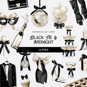 Könnte beinhalten: Digitale Illustrationen zum Thema Schwarz-Weiß-Party. Enthält eine Discokugel, eine Champagnerflasche, einen Smoking, ein Kleid, Handschuhe und Luftballons. Der Text lautet "Black Tie & Midnight" und "24 PNGs".