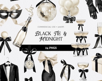 Black Tie Clipart | Elegant New Year’s Eve Midnight Inspired Gold & Black Party Graphics | Masquerade Gala Clipart