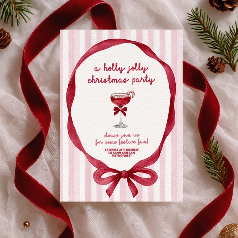 Op de afbeelding: Een rechthoekige uitnodigingskaart voor een kerstfeest met een lichtroze en wit verticaal gestreepte achtergrond. Een rood lint vormt een ovaal kader rond een illustratie van een rode cocktail met een zuurstok en een rode strik. Tekst: a holly jolly christmas party, please join us for some festive fun! SATURDAY 20TH DECEMBER 123 CANDY CANE LANE FESTIVE FOREST.