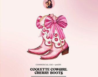 Coquette Cowgirl Boots PNG: Pink Bows & Cherries (Digital Download)