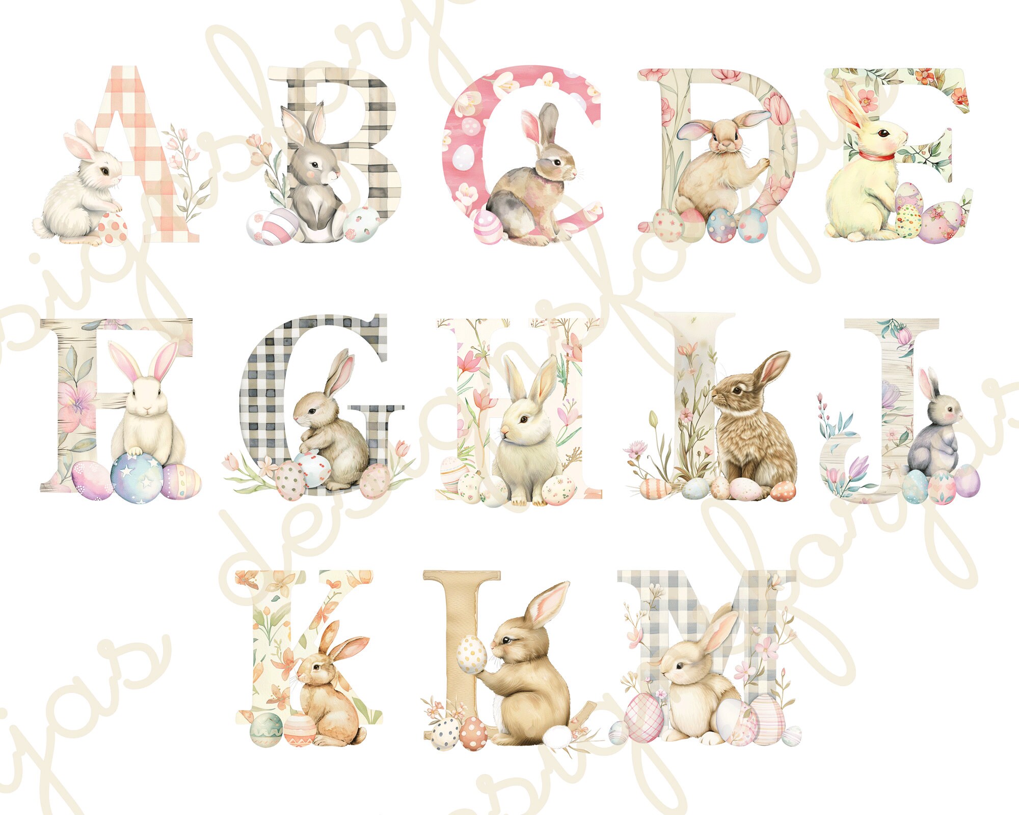 Watercolor Easter Alphabet PNG Clipart: Bunny & Floral Letters (digital ...