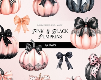 Pink & Black Pastel Pumpkins Clipart: Coquette Bows PNG (Digital Download, 300 DPI, 3000x3000 px)