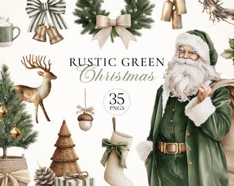 Rustieke kerst clipartset, aquarel vakantie png-bundel, boerderij kerstdecor, rustieke kerstman, kransen, bomen en ornamenten