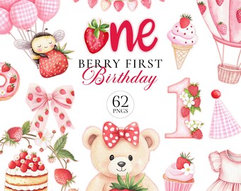 May include: A digital collection of watercolor illustrations featuring a teddy bear with a polka dot bow, a strawberry-themed number one, a hot air balloon, a cake, a cupcake, a bee, balloons, and a banner with the text Berry First Birthday.