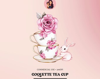 May include: A stack of two teacups with pink floral designs, a pink rose on top, and a white rabbit with pink ears sitting on a saucer. The text "COCQUETTE TEA CUP" is below the image.