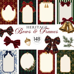 Könnte beinhalten: Eine digitale Sammlung mit dem Titel HERITAGE Bows & Frames mit 148 PNG-Dateien. Das Set enthält verschiedene rechteckige und ovale Rahmen, rote Samtschleifen, karierte Schleifen, goldene Glocken, eine Eichel und Tannenzweige auf gemusterten Hintergründen.