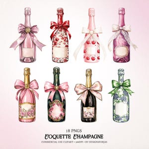 Coquette Champagne Clipart: Watercolor Bottles and Bows, PNG Digital Download | Grandmillennial Theme
