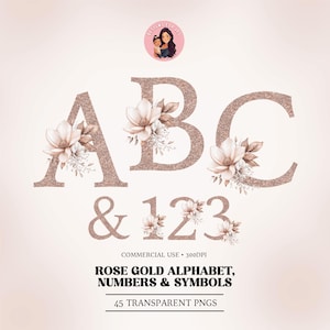 Alphabet scintillant en or rose, chiffres en or rose, cliparts, alphabet floral aquarelle, lettres de mariée, alphabet à sublimation PNG, lettres de scrapbooking
