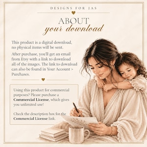 Op de afbeelding: Een digitale download-informatiekaart met een illustratie van een persoon die aan een tafel schrijft met een kind op de rug. De tekst luidt: DESIGNS FOR JAS, ABOUT your download, This product is a digital download, no physical items will be sent.