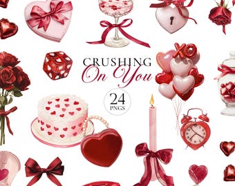 May include: A collection of 24 digital illustrations featuring Valentine's Day themes including a pink heart-shaped gift box, a cocktail glass, a heart-shaped padlock, red roses, a cake, a red telephone, and balloons with the text Crushing On You.