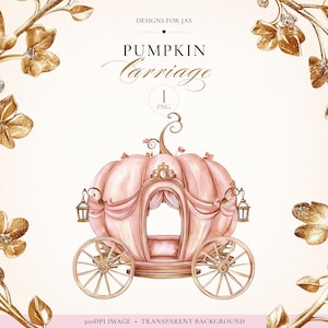 Pode incluir: Uma ilustração digital de uma carruagem de abóbora rosa pálido com detalhes dourados, rodas ornamentadas, lanternas e tecidos drapeados. O texto diz DESIGNS FOR JAS, PUMPKIN Carriage, 1 PNG, 300DPI IMAGE TRANSPARENT BACKGROUND.