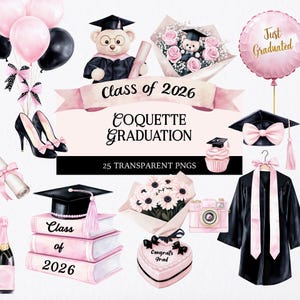 Imágenes prediseñadas de graduación Coquette: birretes y diplomas rosas (descarga digital PNG)