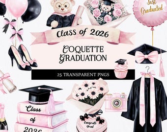 Coquette Graduation Clipart: Pink Grad Caps, Diplomas (PNG Digital Download)