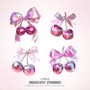 Holographic Cherry PNG Clipart: Iridescent Coquette Bow (Digital Download