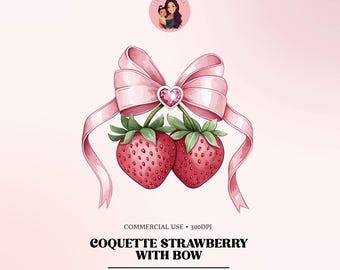 Coquette Strawberry Clipart: Pink Bow, Heart Jewel (PNG Digital Download)