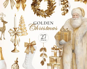Gold Christmas Clipart | Gold & Yellow Watercolor Holiday Clipart | Gold Christmas PNGs | Christmas Decor, Santa, Wreaths, Trees, Ornaments