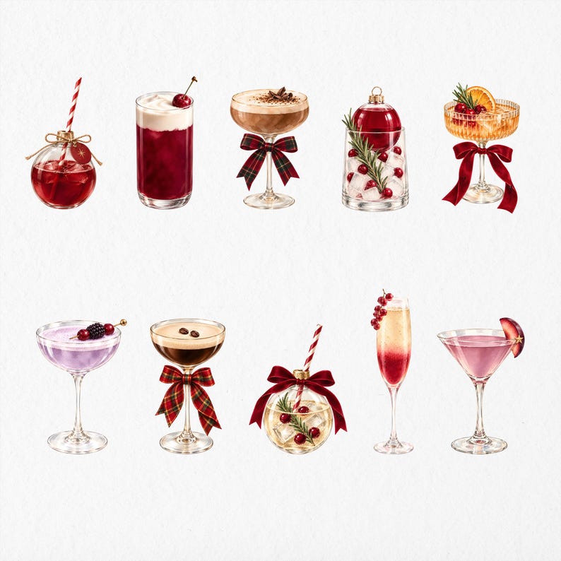 Op de afbeelding: Een collectie van tien ge&iuml;llustreerde cocktails en feestelijke ornamenten in glaswerk. De set bevat drankjes gegarneerd met kersen, bessen, sinaasappelschijfjes en rozemarijn, naast ronde glazen ornamenten versierd met rode ruitjesstrikken.