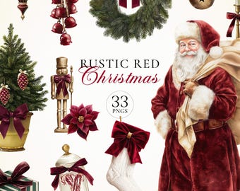 Rode kerstclipart | Bourgondische aquarel vakantie clipart | Rode en gouden kerst-png's | Kerstdecor, kerstman, kransen, bomen, ornamenten