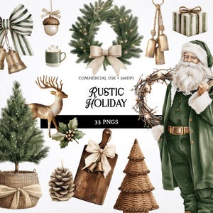 May include: Watercolor illustrations of rustic holiday decorations. Includes a Christmas wreath, Santa Claus, a deer, a Christmas tree, bells, a cutting board, and a gift box. The text "Rustic Holiday" and "33 PNGs" are also visible.