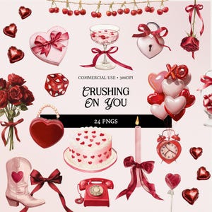 Op de afbeelding: Een verzameling aquarel illustraties met Valentijnsdag- en romantische thema's. Inclusief een hartvormige handtas, taart, champagneglas, rozen, ballonnen en een rode telefoon. De tekst "Crushing On You" is ook aanwezig.