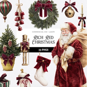 Puede incluir: Ilustración digital con elementos navideños. Incluye una figura de Papá Noel, un árbol de Navidad, adornos, una corona, un cascanueces y un calcetín. La paleta de colores está dominada por el rojo, el verde y el dorado. El texto dice "Rich Red Christmas" y "33 PNGs."