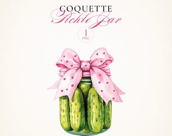 Coquette Pickle Jar Clipart: Pink Bow, Watercolor PNG (Digital Download)