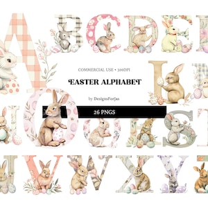 Pode incluir: Um conjunto de 26 letras do alfabeto decoradas com padrões xadrez rosa pastel e branco, desenhos florais e coelhos aquarela segurando ovos de Páscoa. As letras estão em maiúsculas e são adequadas para uso comercial.