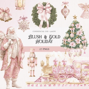 Può includere: Illustrazione ad acquerello a tema festivo. L'immagine presenta un personaggio di Babbo Natale, un albero di Natale, una ghirlanda, ornamenti e un treno. Il testo recita "Blush & Gold Holiday" e "27 PNGs". La tavolozza dei colori include rosa, oro e verde.