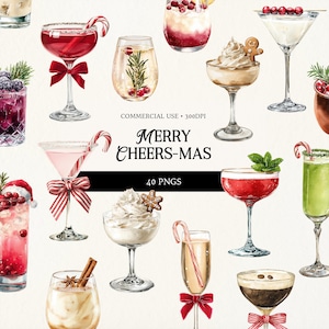 May include: A watercolour illustration of festive cocktails, including martinis and champagne flutes, garnished with candy canes, gingerbread men, and berries. The image includes the text "Merry Cheers-Mas".
