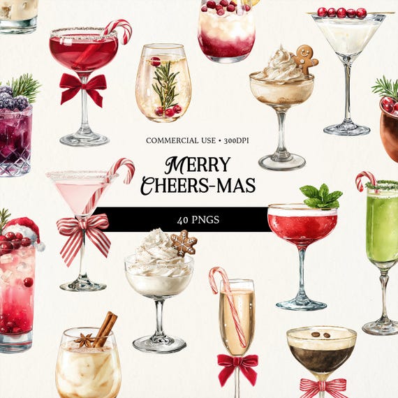 Christmas Cocktail Clipart: Holiday Drink PNG Bundle | Festive Cocktails, Xmas Party Drinks, Watercolor Clip Art Set (40 PNGs)