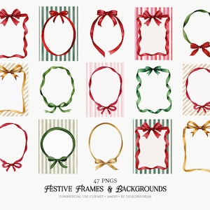 May include: A collection of festive frames and backgrounds in various designs. The frames feature red, green, and gold ribbons with bows, some with striped backgrounds. The text "Festive Frames & Backgrounds" is displayed at the bottom.