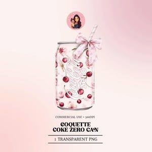 Könnte beinhalten: Digitale Illustration einer Coca-Cola Zero Dose mit floralem und Kirschmuster. Die Dose ist mit einer rosa Schleife und einem gestreiften Strohhalm verziert. Der Text "COQUETTE COKE ZERO CAN" steht darunter. Rosa Hintergrund.