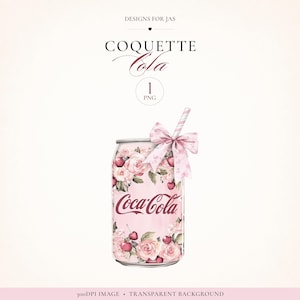 Pode incluir: Uma ilustração digital de uma lata de refrigerante rosa claro com o logótipo da Coca-Cola em texto vermelho escuro. A lata está decorada com rosas cor-de-rosa, folhas verdes e cerejas vermelhas em estilo aguarela. Inclui uma palhinha e um laço.