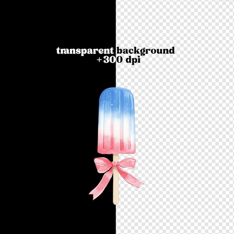 May include: Watercolor illustration of a popsicle with a blue, white, and pink gradient. The popsicle is on a wooden stick and has a pink bow tied around it. The text "transparent background + 300 dpi" is in the background.