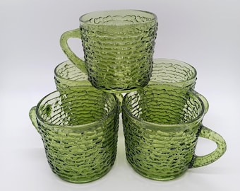 Vintage Glasmuggar Anchor Hocking Kaffekoppar Set med 5 Soreno Avokado Grön Bark Dricksmuggar Samlarglas
