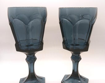 Vintage Blue Glasses Set of 2 Fostoria Virginia Dark Cobalt Blue Water Goblets MCM Stemware