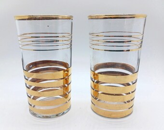 Vintage MCM Drinking Glasses Set of 2 Macbeth Evans Gold Ring Iced Tea Highball Beverage Glasses