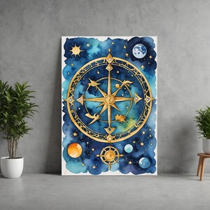 Celestial Navigation Aquarell, Nautische Sternenkarte Kunst, Vintage Astrologie Druck, Kosmische Wanddekoration, Himmelskörper Kunstwerk, Sternenklare Nacht